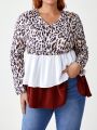 Paola Cardenas e Oliveira Plus Size V-Neck Leopard Print Long Sleeve Color Block T-Shirt