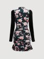 SHEIN MOD Floral Print Pleated Dress With Knotted Neckline