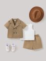 SHEIN Baby Boy Solid Color Vest Double-Breasted Shirt Solid Color Shorts 3pcs/Set
