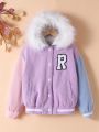 SHEIN Kids FANZEY Tween Girl Letter Patched Fuzzy Trim Hooded Thermal Jacket