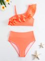 Teen Girl Solid Color Bikini Swimsuit Set With Ruffled Trim