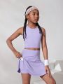 SHEIN Tween Girls' Knitted Solid Color Tank Top And Anti-Lighting Underwear Skirt Sports Set