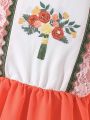 SHEIN Kids CHARMNG Young Girl'S Color Block Floral Printed Lace Hem Dress