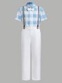 SHEIN Kids FANZEY Tween Boys' Slim Fit Plaid Shirt With Detachable Braces And Pants Gentleman Outfit Set