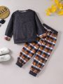 Two-piece boys' casual, breathable and comfortable long-sleeved trousers sweatshirt suit, fashionable button contrast plaid suit, spring and autumn