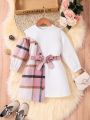 SHEIN Kids HYPEME Little Girls' Fashionable Plaid & Hollow Out Butterfly Knot Belted Dress For Autumn And Winter