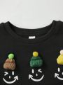 SHEIN Boys' Cute And Fun Face Pattern Sweater With Knitted Hat Decoration