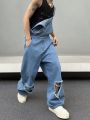 Manfinity EMRG Men's Loose Fit Wide Leg Jeans Bib Overalls With Distressed Details And Patch Pockets