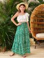 SHEIN Kids SUNSHNE Tween Girls' Floral Print High Waisted A-Line Skirt