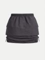 SHEIN Teen Girls' Woven Solid Color 3d Pocket Drawstring Waist Skirt