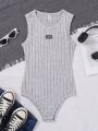 SHEIN Teen Girls' Knitted Fleece Overall With Distressed Design, Letter Print And Woven Label For Casual Wear