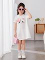 SHEIN Kids HYPEME Girls' Sporty Hooded Cartoon Pattern Dress