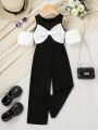 SHEIN Kids QTFun Little Girls' Black And White 3d Bowknot Jumpsuit