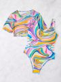 Teen Girls' Marble Pattern Printed One-Piece Swimsuit With Short Sleeve Cover-Up