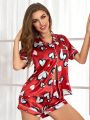 Heart Print Satin Pajama Set