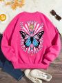 Teen Girls' Casual Butterfly & Letter Pattern Long Sleeve Round Neck Sweatshirt, Suitable For Autumn And Winter