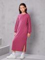SHEIN Tween Girls' Loose Round Neck Sweater Dress With Side Slit & Drop Shoulder Design