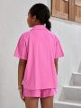 SHEIN Kids Cooltwn Tween Girls' Solid Color Shirt, Elastic Waist Shorts, And Crop Top Set For Vacation