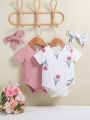 SHEIN Baby Girl'S Cute Basic Two Color Combination Jumpsuit Set With Lovely Hairband, Homewear