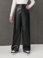 SHEIN Female Teenagers' Pu Casual Trousers With Slant Pockets And Open Placket