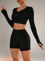 SHEIN Daily&Casual Women's Solid Color Cropped Thumb Hole Top And Shorts, Slim Fit Sports Set