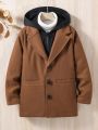 Boys' Warm 2 In 1 Hooded Wool Coat, Mid-Long Length, Suitable For Daily Wear