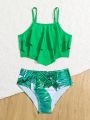 Tween Girls' Double Layer Ruffle Trimmed Tropical Print Tankini Swimsuit Set