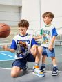 SHEIN Tween Boy Casual Round Neck Lion Character & Letter Print Short Sleeve T-Shirt With Color Block Design