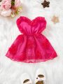 SHEIN Baby Girls' Romantic And Gorgeous 3d Rose Flower Mesh Tulle Photoshoot Dress In Rose Red