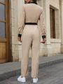 SHEIN Essnce Contrast Trim Belted Shirt Jumpsuit