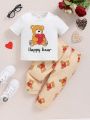 SHEIN Valentine'S Day Baby Boy Baby Girl Cartoon Bear Pattern Sweatshirt And Jogger Pants Set