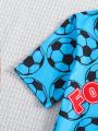Tween Boys' Athletic Football Print Slim Fit Short Sleeve Top And Pants 2pcs Home Clothing Set