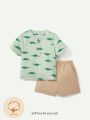 Cozy Cub Infant Boys' Cartoon Dinosaur Pattern Top And Solid Color Shorts Set