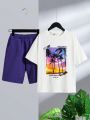 SHEIN Kids SUNSHNE Tween Boys' Coconut Tree Seaside Sunset Print Short Sleeve T-Shirt And Solid Color Shorts Knit 2pcs Suit For Vacation