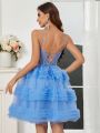 SHEIN Belle Layered Mesh Ruched Hem Lace Trim Spaghetti Strap Evening Party Prom Dress