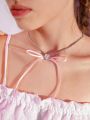 SHEIN MOD 1pc Heart & Rhinestone Decor Bowknot Pendant Necklace