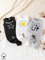 SHEIN 3pcs/Set Baby Boys' Casual Cute Letter & Egg Print Rompers For Daily Wear And Home, With Fun