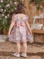 SHEIN Kids FANZEY Young Girls' Square Neckline Bubble Sleeves Dress With Large Back Bow & Floral Lace Overlay