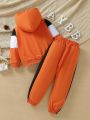 Young Boys' Casual Hooded Long Sleeve Sweatshirt With Text Print And Side Seam Patchwork Jogger Pants Set