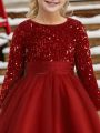 Young Girl Sparkle Sequin Patchwork Tulle Dress With Flared Hem
