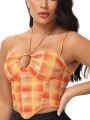 Women'S Plaid Print Hollow Out Slim Camisole Top With Spaghetti Straps