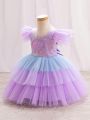 Baby Girl Glitter Panel Color Block Multi-Layer Tulle Formal Dress, Perfect For Birthday Party, Evening Party, Wedding, Full Month Celebration Etc.