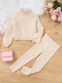 SHEIN Toddler Girls' Long Sleeve Turtleneck Sweater And Sweater Pants Set, 2pcs