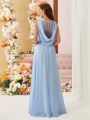 SHEIN Belle Adult Bridesmaid Dress With Lace Splice And Cowl Neckline, Full Swing Skirt