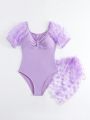 Teen Girl's Butterfly Patchwork Ruffle One Piece Swimsuit With Cover Up Skirt
