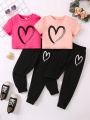 SHEIN Kids CHARMNG Little Girls' Heart Print Short Sleeve T-shirt And Long Pants 2pcs Outfit
