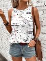 SHEIN LUNE Women's Summer Sleeveless Round Neck Vest With Airplane Print And Slogan
