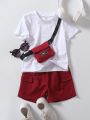 SHEIN Little Boys' Solid Color Short Sleeve T-Shirt And Cargo Shorts Two-Piece Set