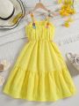 SHEIN Kids KDOMO Tween Girls' Floral Embroidered Yellow Cami Dress