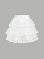 SHEIN Kids CHARMNG Tween Girls' Multilayer Mesh Lace Skirt With Floral Hem